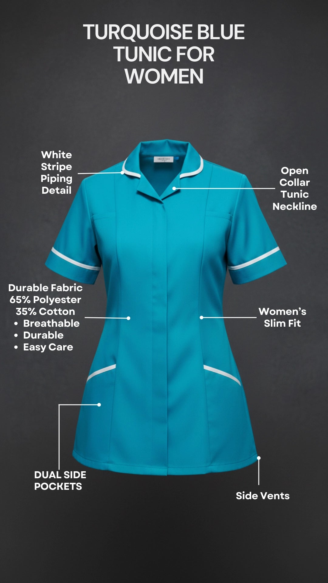 Turquoise Blue Women’s Healthcare Tunic with White Piping – Professional Medical Uniform Top