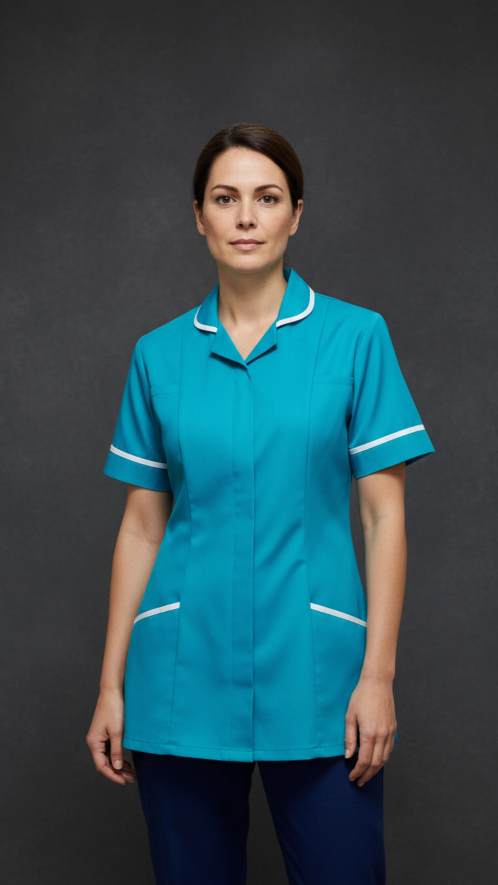 Turquoise Blue Women’s Healthcare Tunic with White Piping – Professional Medical Uniform Top