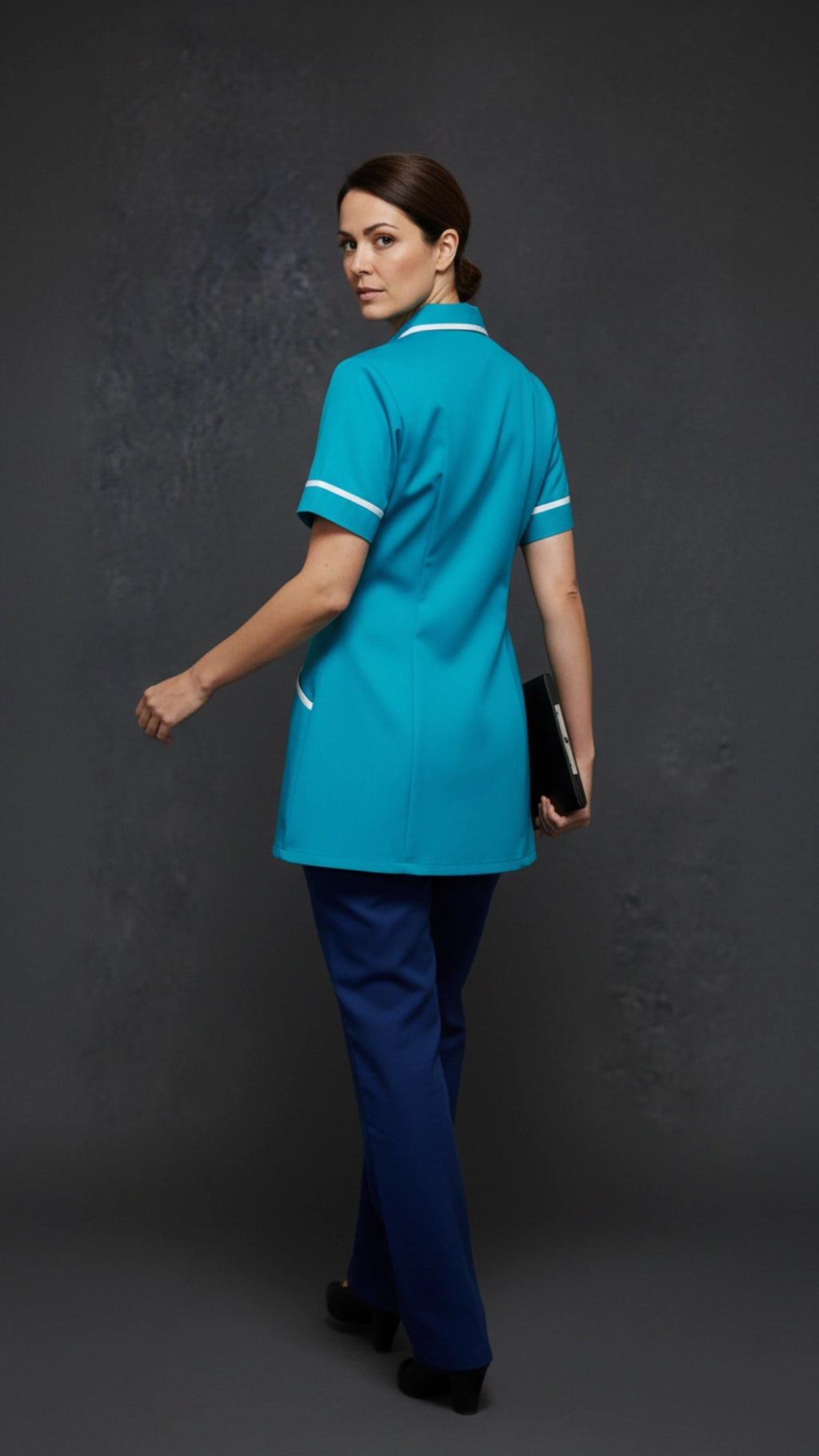 Turquoise Blue Women’s Healthcare Tunic with White Piping – Professional Medical Uniform Top