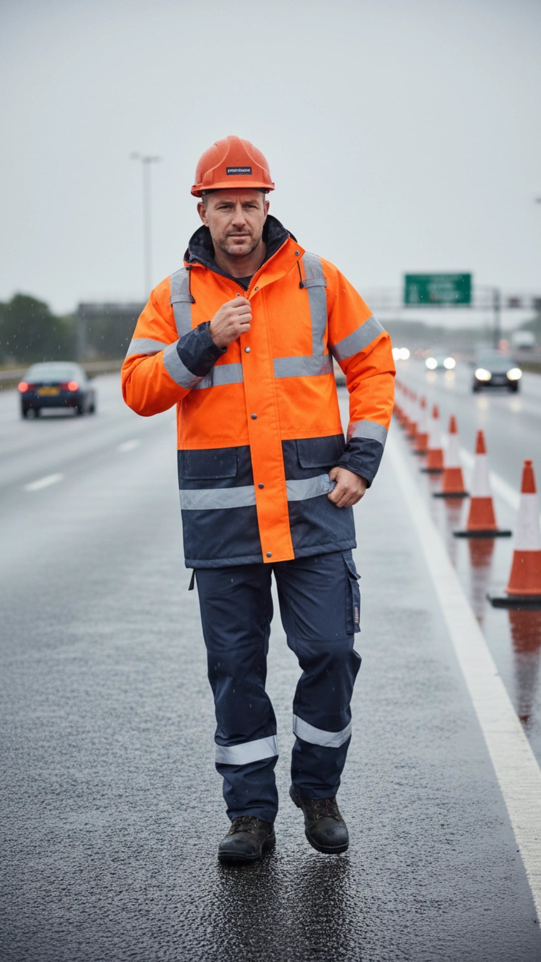Portwest Hi-Vis Contrast Traffic Jacket – Orange/Navy | Class 3 Rail Waterproof Jacket