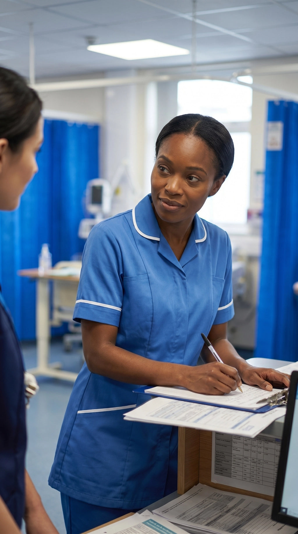 Women's Hospital Blue Healthcare Tunic with White Trim – Professional Medical Uniform Top