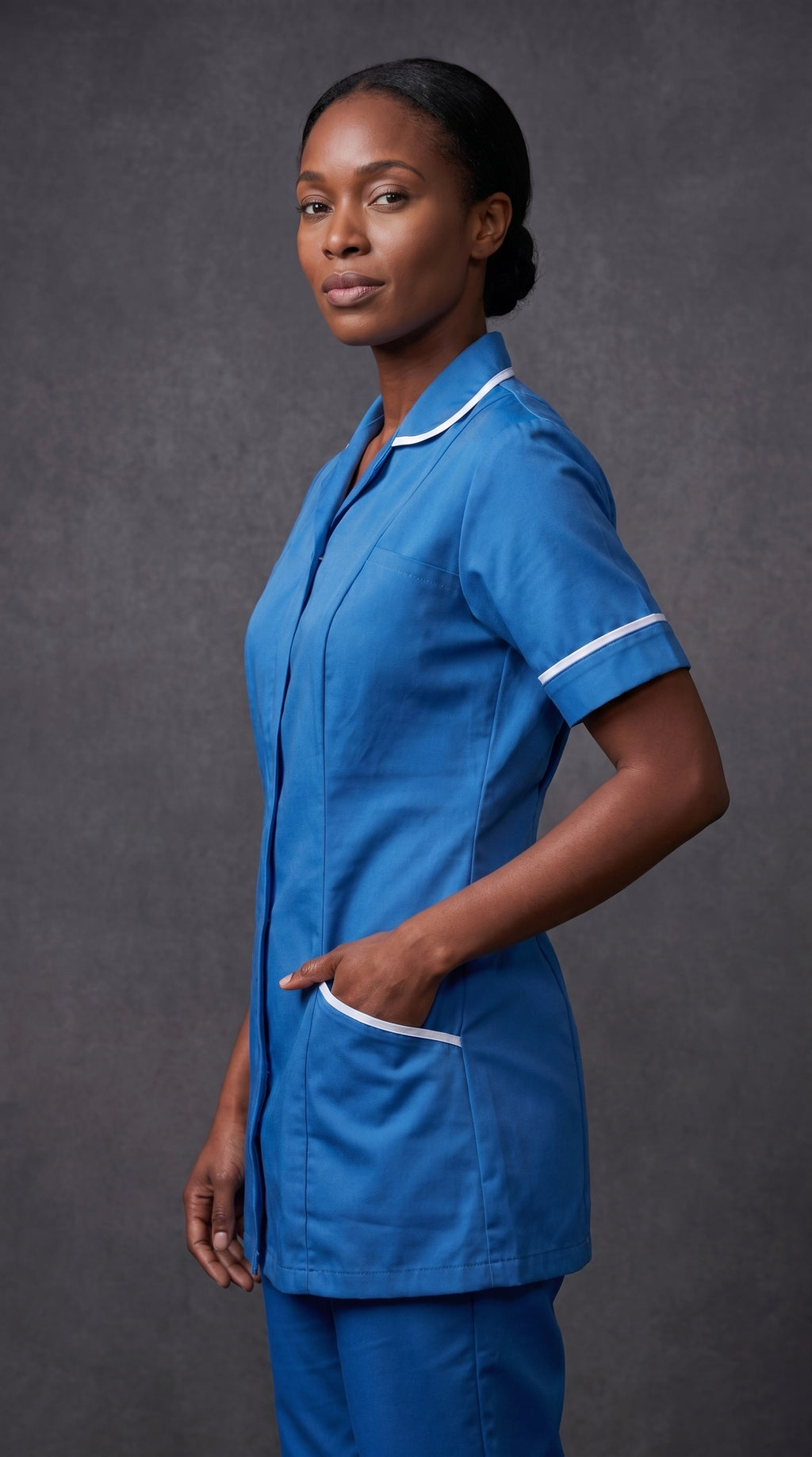 Women's Hospital Blue Healthcare Tunic with White Trim – Professional Medical Uniform Top