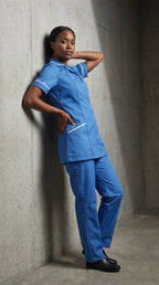 Women's Hospital Blue Healthcare Tunic with White Trim – Professional Medical Uniform Top