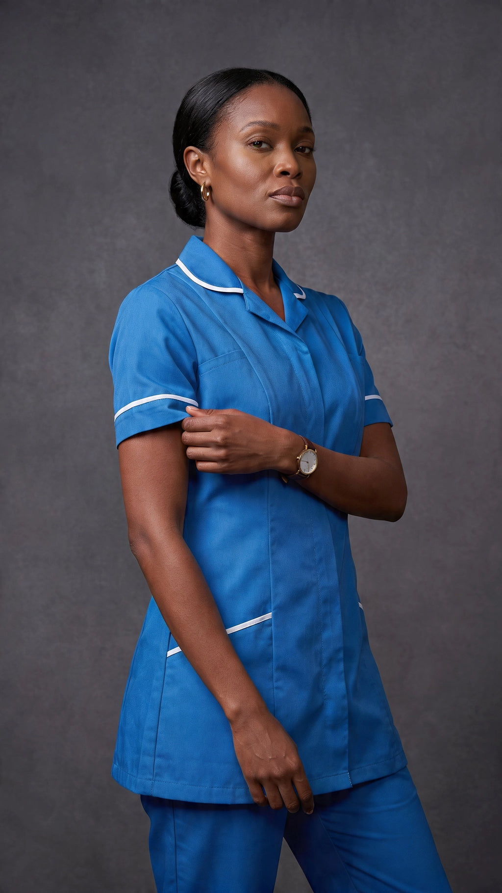 Women's Hospital Blue Healthcare Tunic with White Trim – Professional Medical Uniform Top