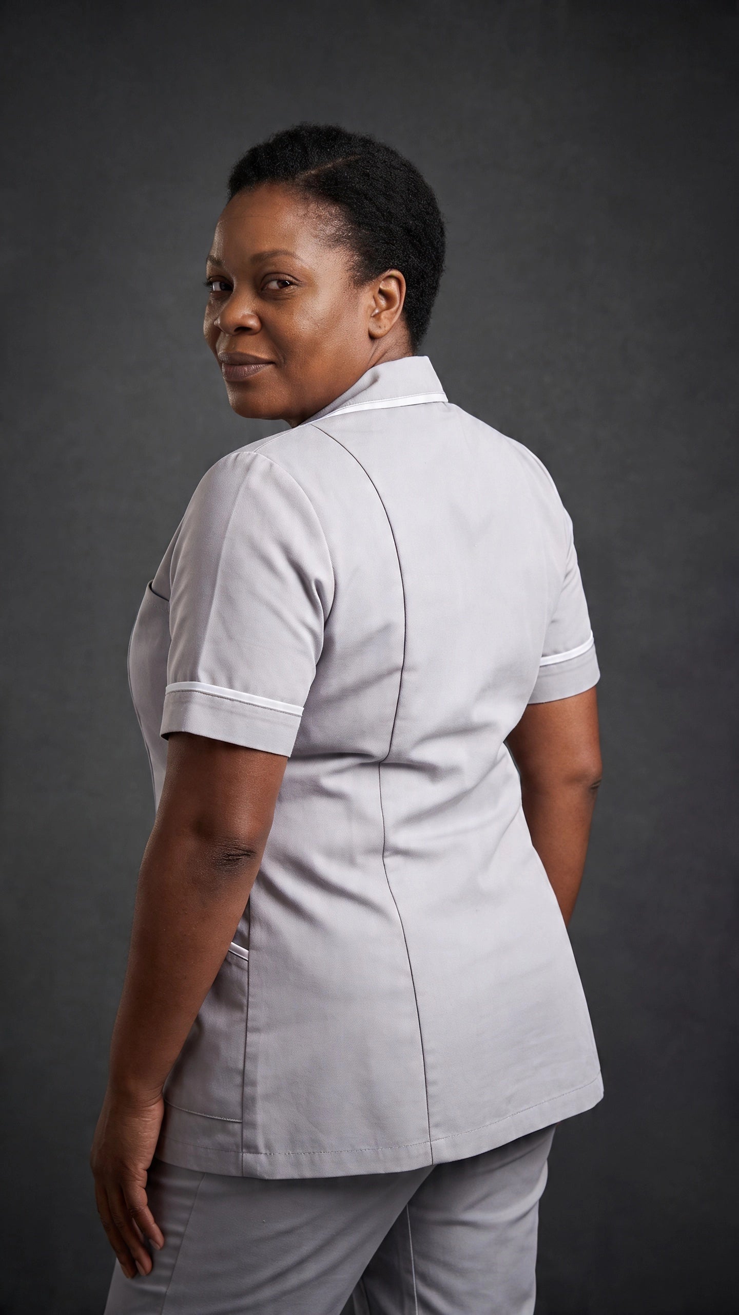 Women's Light Grey Healthcare Tunic with White Trim – Professional Medical Uniform Top