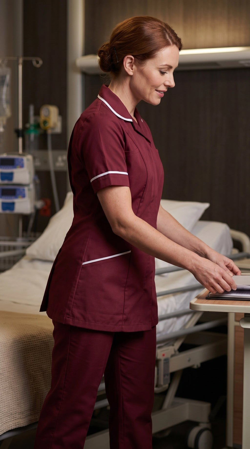 Women's Maroon Healthcare Tunic with White Trim – Professional Medical Uniform Top