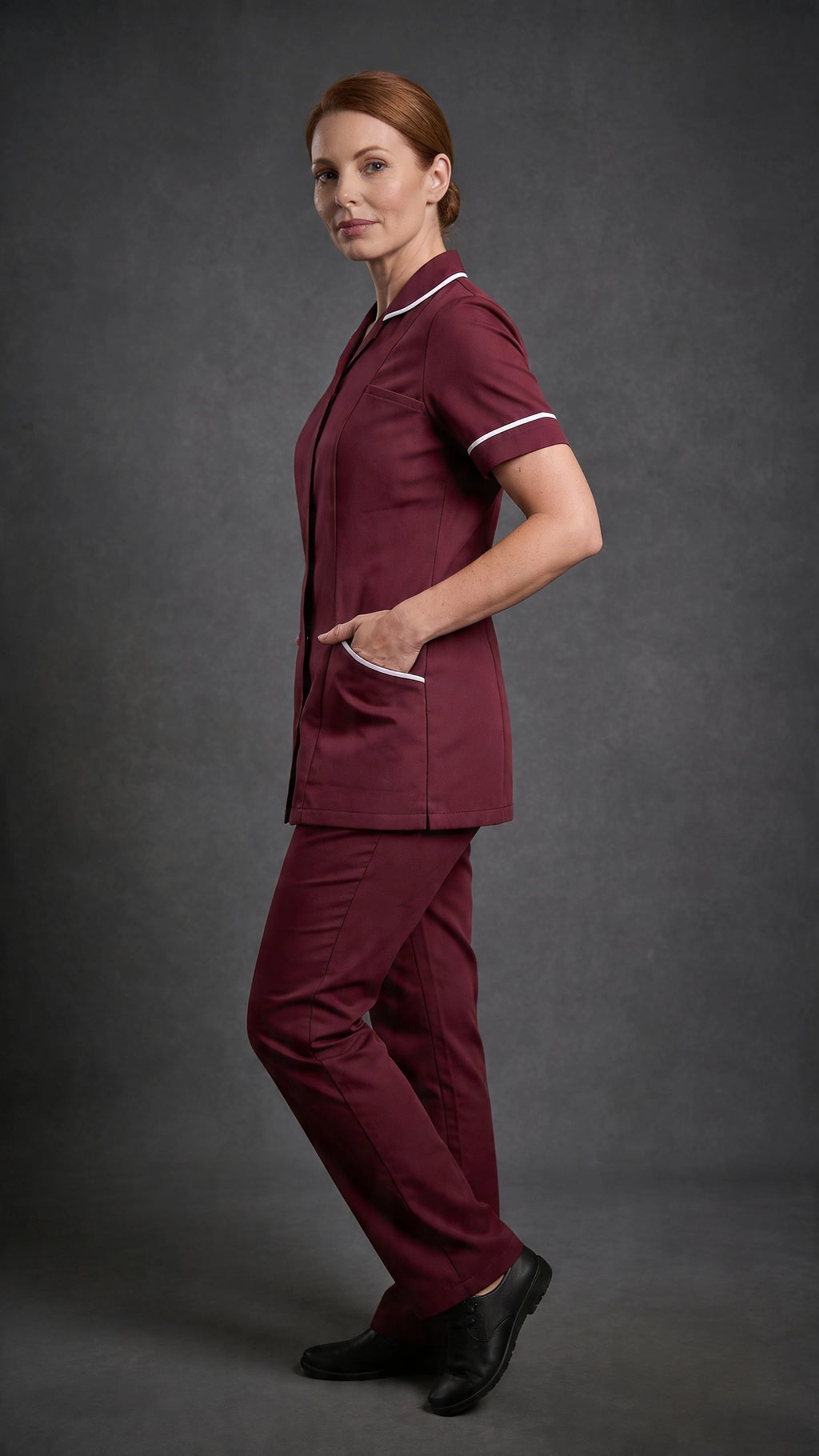 Women's Maroon Healthcare Tunic with White Trim – Professional Medical Uniform Top