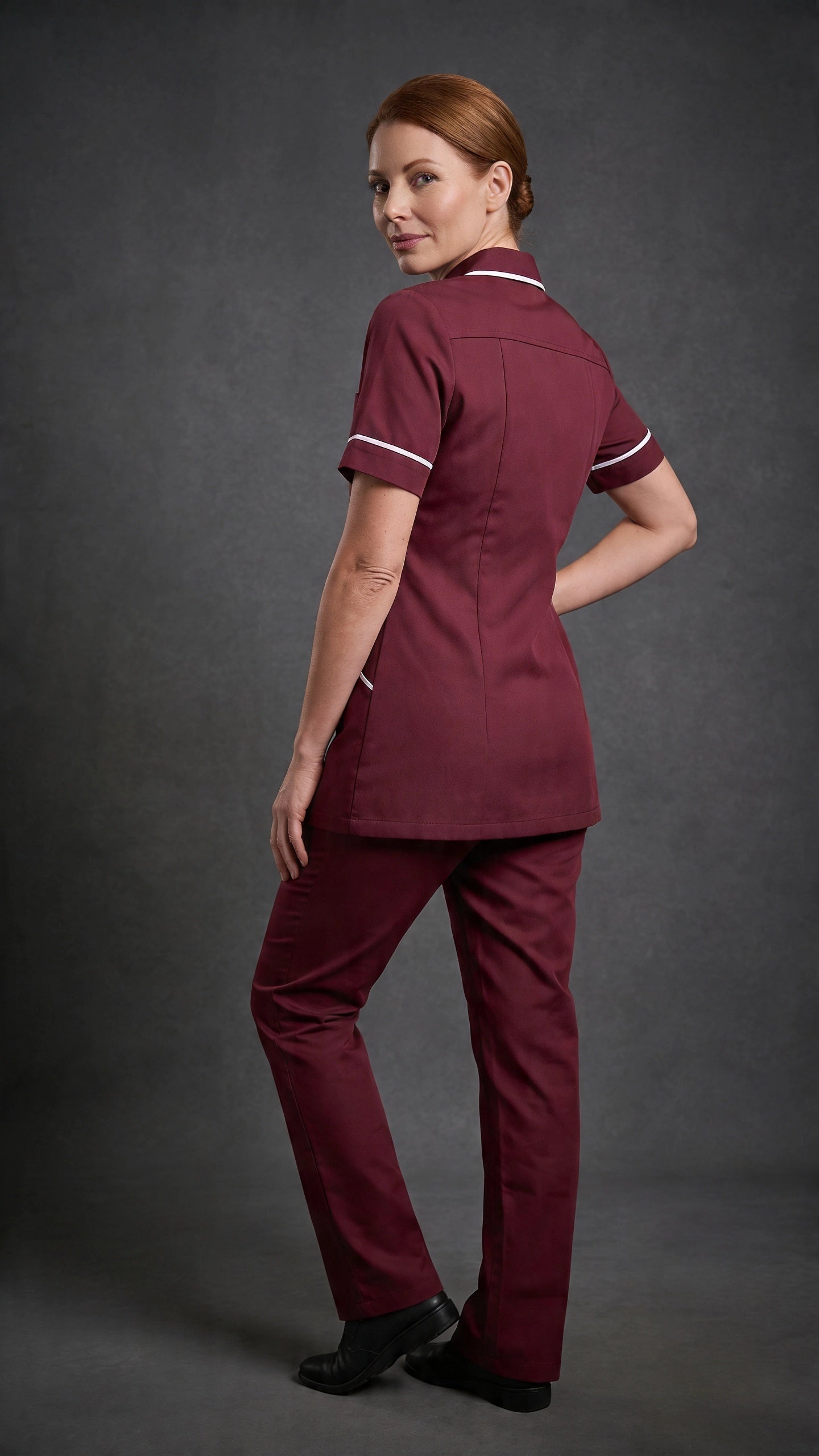 Women's Maroon Healthcare Tunic with White Trim – Professional Medical Uniform Top