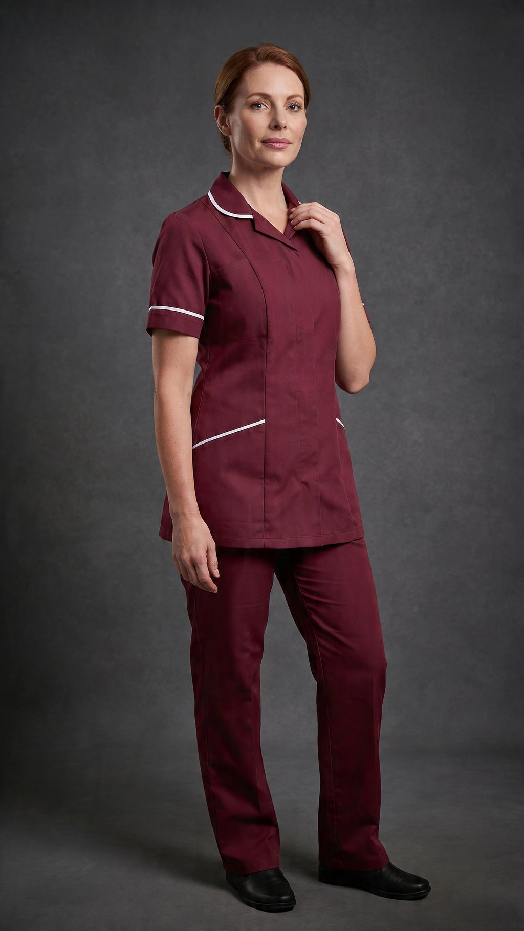 Women's Maroon Healthcare Tunic with White Trim – Professional Medical Uniform Top