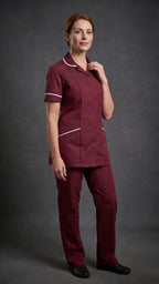 Women's Maroon Healthcare Tunic with White Trim – Professional Medical Uniform Top