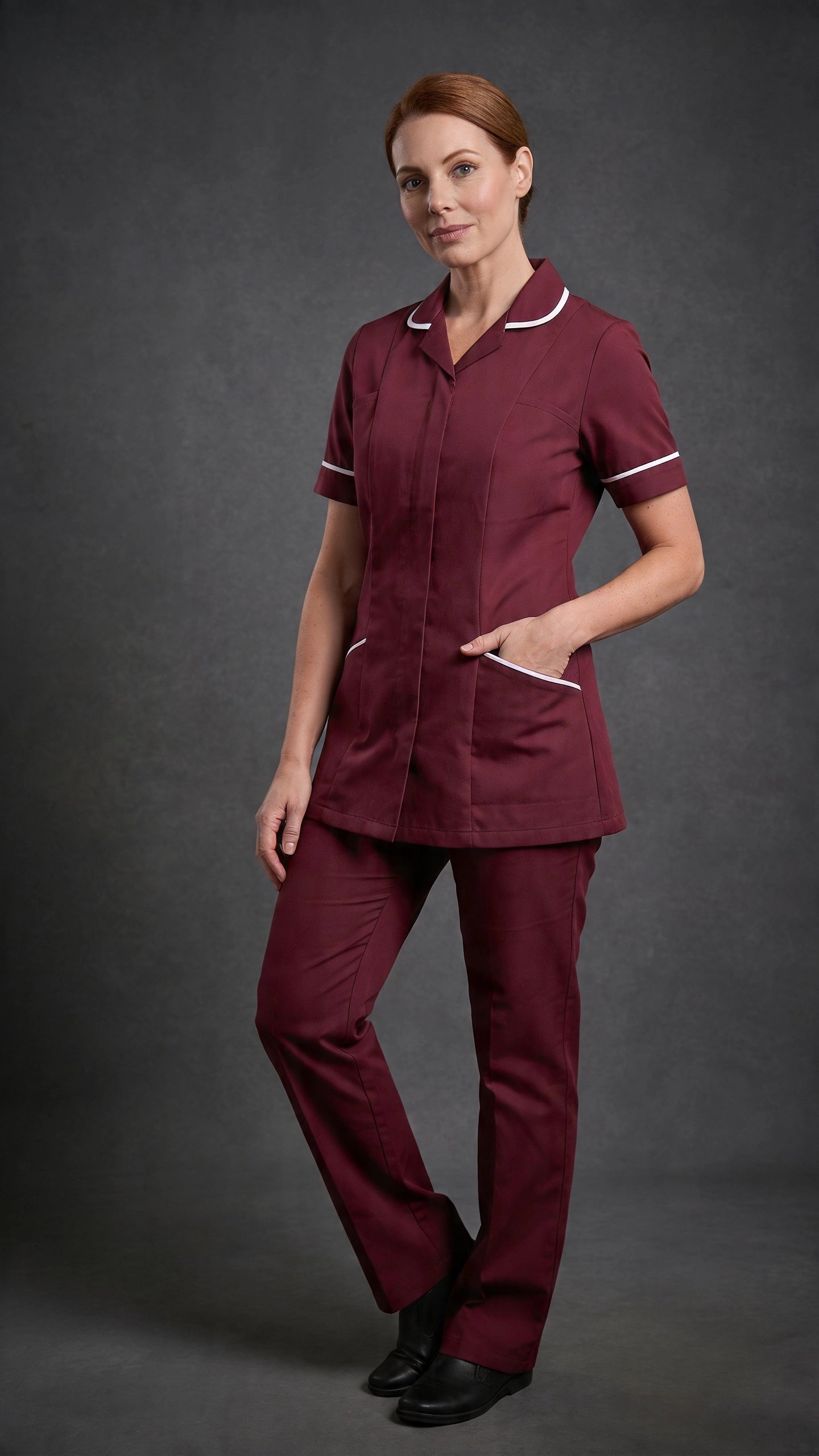 Women's Maroon Healthcare Tunic with White Trim – Professional Medical Uniform Top