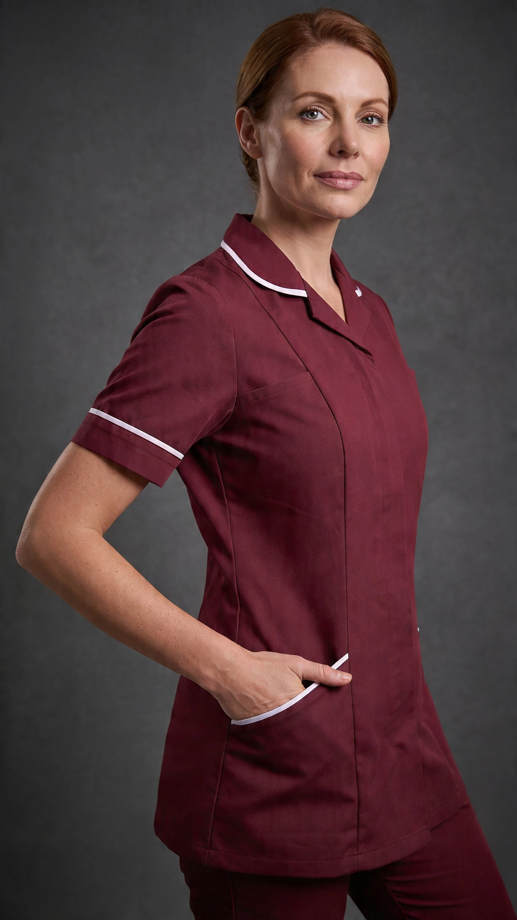 Women's Maroon Healthcare Tunic with White Trim – Professional Medical Uniform Top