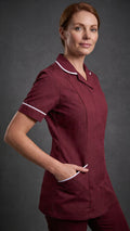 Women's Maroon Healthcare Tunic with White Trim – Professional Medical Uniform Top
