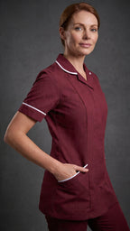 Women's Maroon Healthcare Tunic with White Trim – Professional Medical Uniform Top
