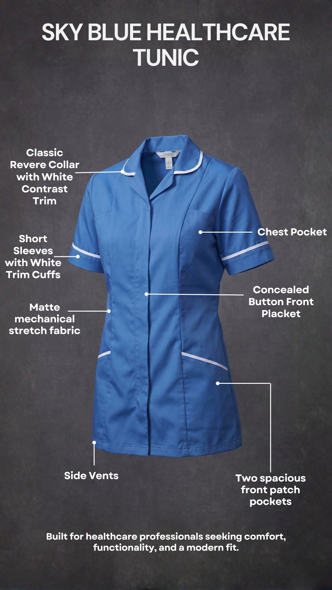 Women's Hospital Blue Healthcare Tunic with White Trim – Professional Medical Uniform Top