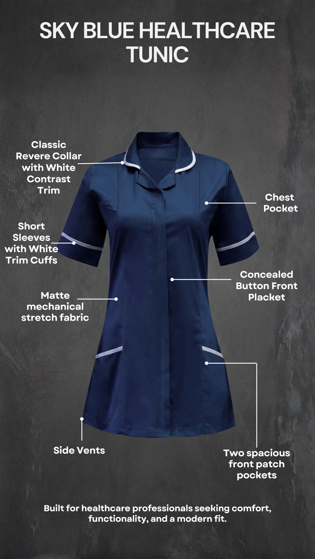 Women's Navy Blue Healthcare Tunic with White Trim – Professional Medical Uniform Top