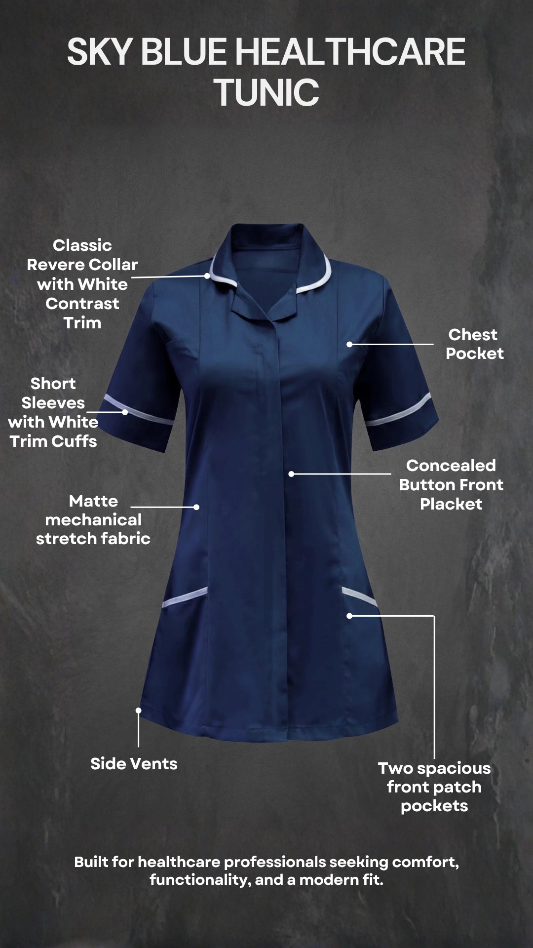 Women's Navy Blue Healthcare Tunic with White Trim – Professional Medical Uniform Top