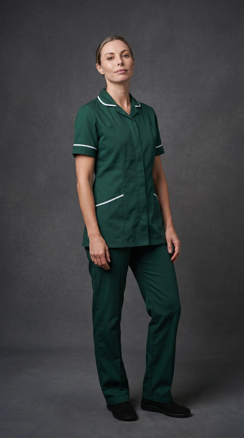 Women's Bottle Green Healthcare Tunic with White Trim – Professional Medical Uniform Top