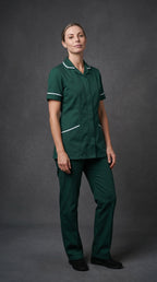 Women's Bottle Green Healthcare Tunic with White Trim – Professional Medical Uniform Top