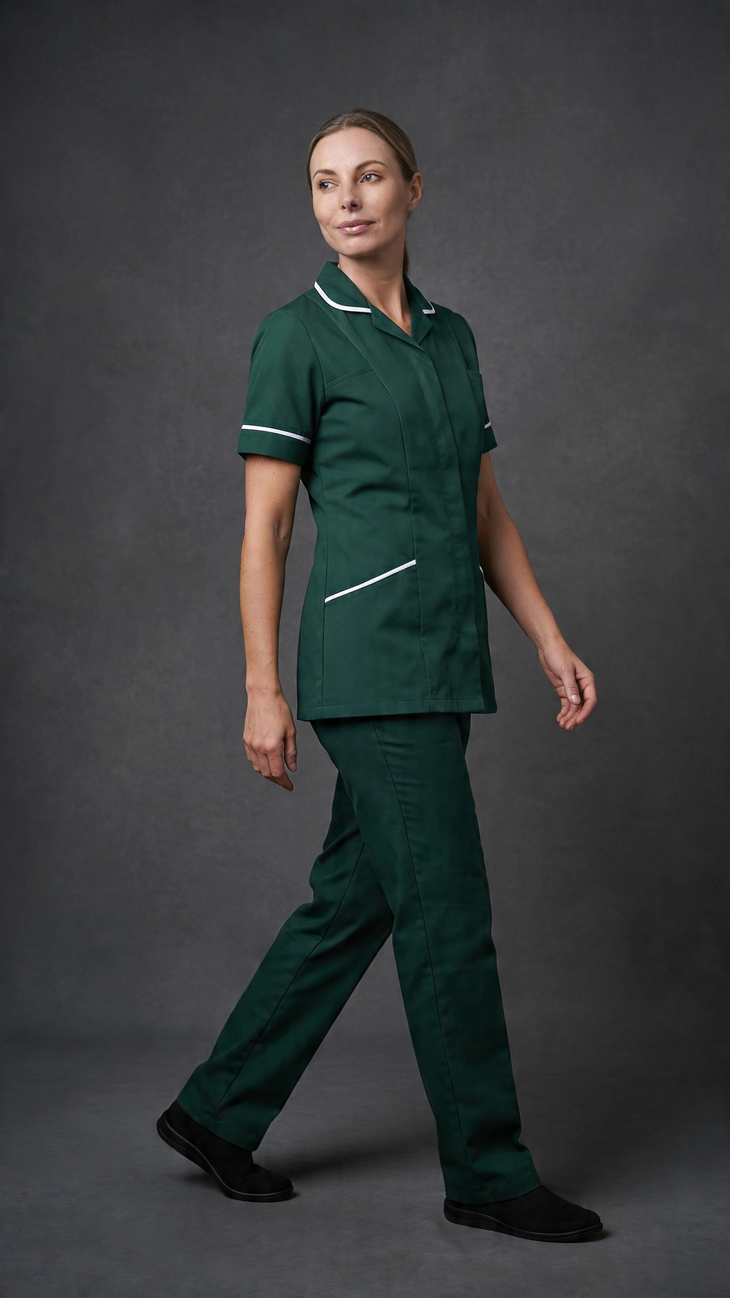 Women's Bottle Green Healthcare Tunic with White Trim – Professional Medical Uniform Top