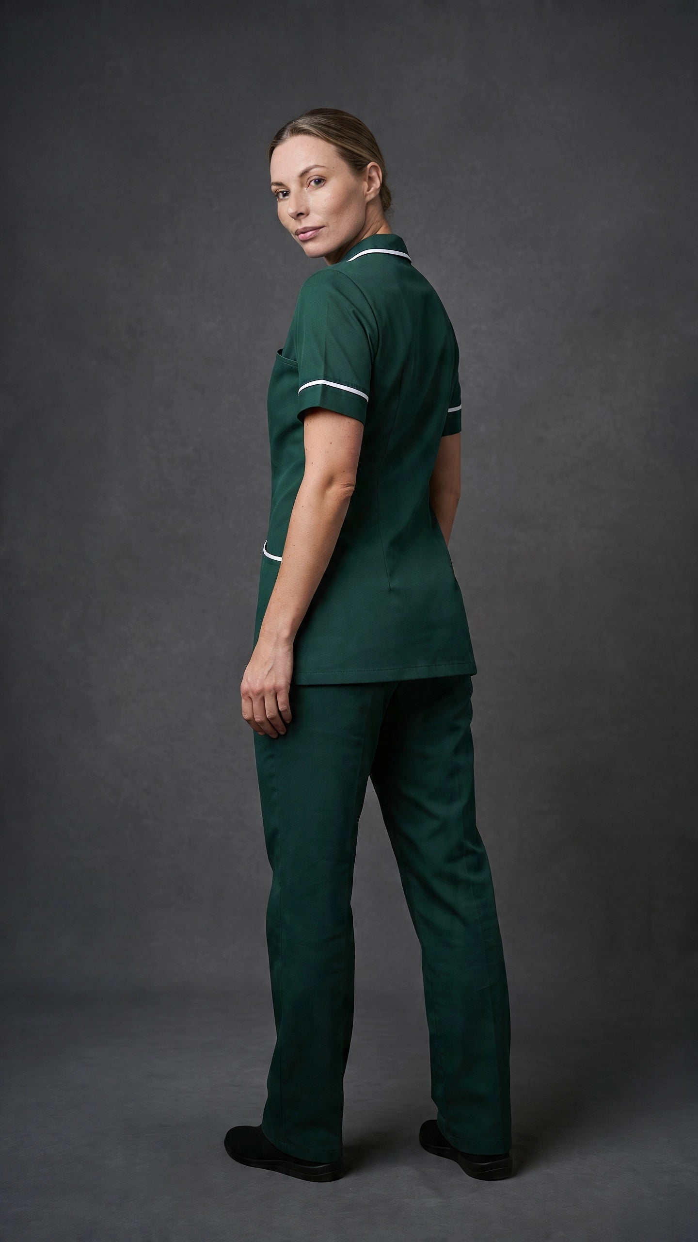 Women's Bottle Green Healthcare Tunic with White Trim – Professional Medical Uniform Top
