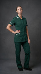 Women's Bottle Green Healthcare Tunic with White Trim – Professional Medical Uniform Top