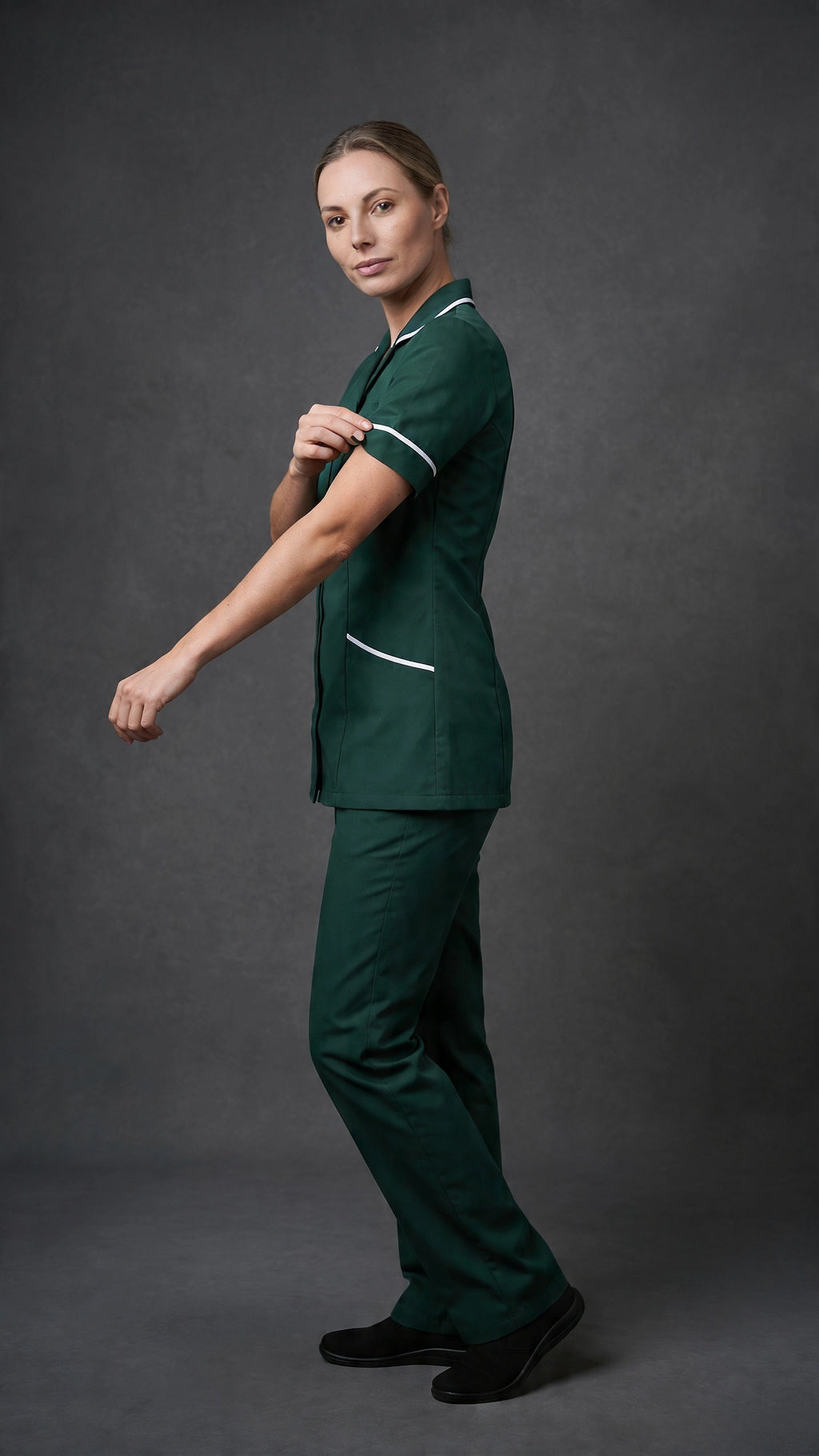 Women's Bottle Green Healthcare Tunic with White Trim – Professional Medical Uniform Top