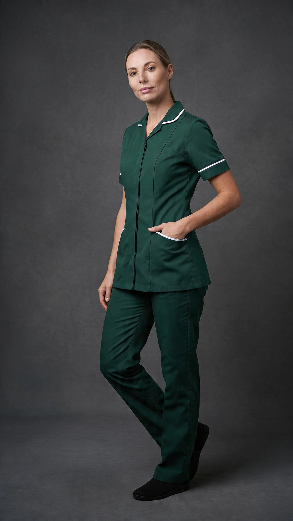 Women's Bottle Green Healthcare Tunic with White Trim – Professional Medical Uniform Top