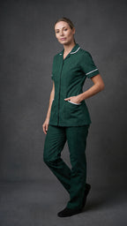 Women's Bottle Green Healthcare Tunic with White Trim – Professional Medical Uniform Top