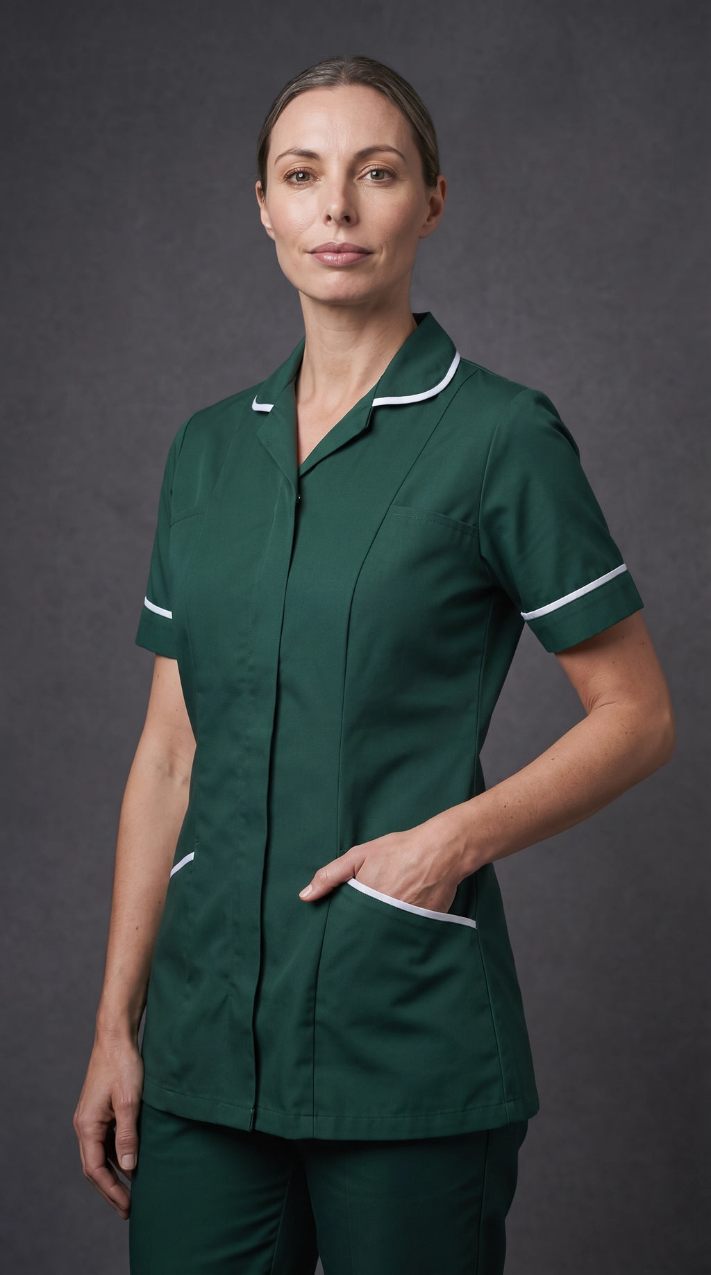 Women's Bottle Green Healthcare Tunic with White Trim – Professional Medical Uniform Top