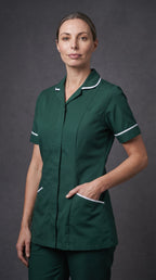 Women's Bottle Green Healthcare Tunic with White Trim – Professional Medical Uniform Top