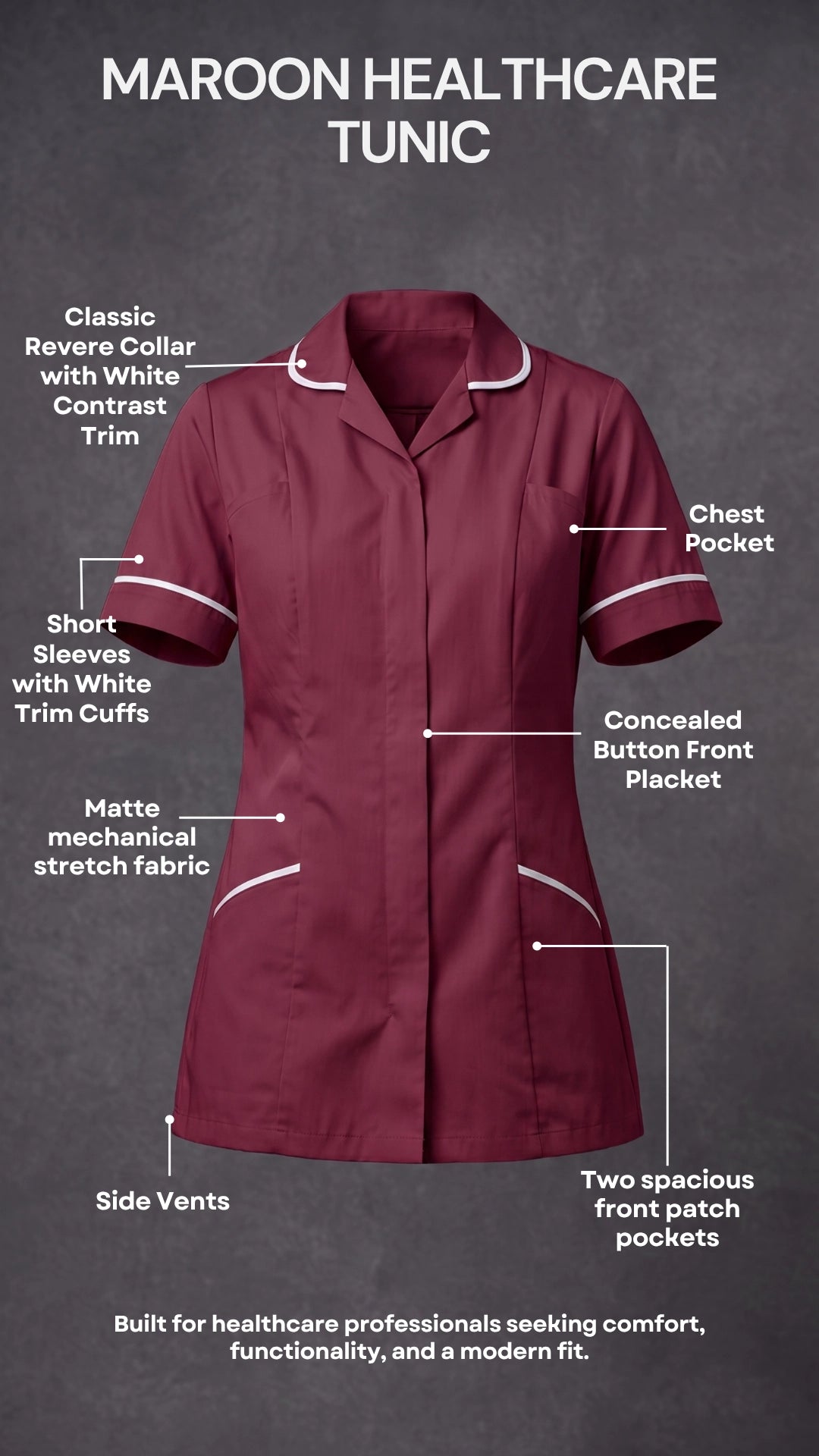 Women's Maroon Healthcare Tunic with White Trim – Professional Medical Uniform Top