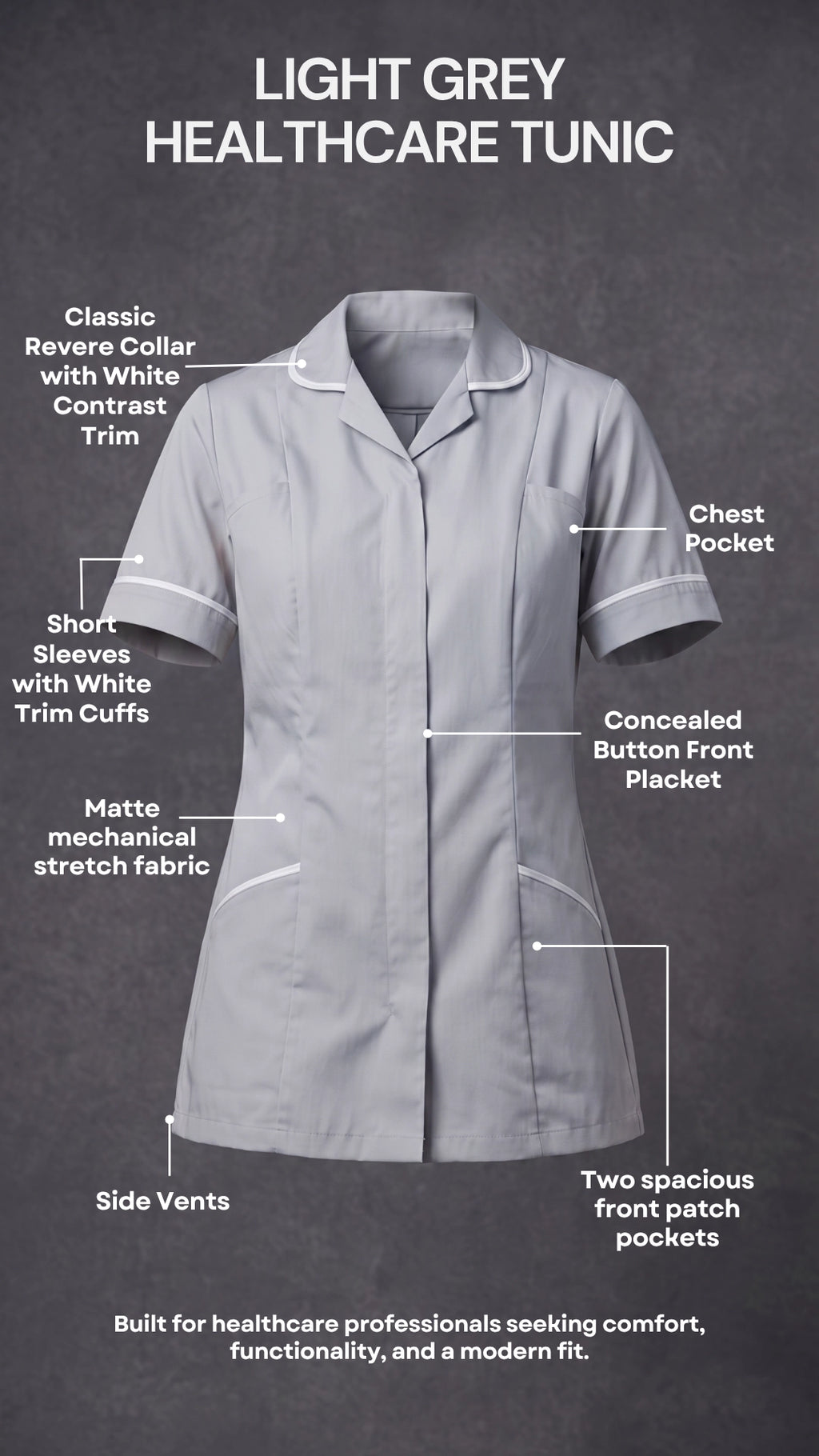 Women's Light Grey Healthcare Tunic with White Trim – Professional Medical Uniform Top