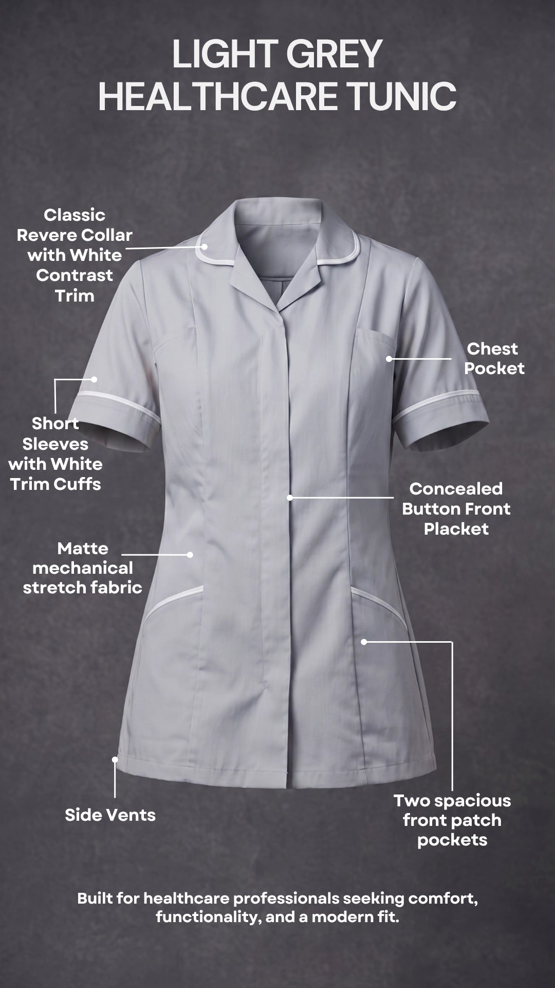 Women's Light Grey Healthcare Tunic with White Trim – Professional Medical Uniform Top
