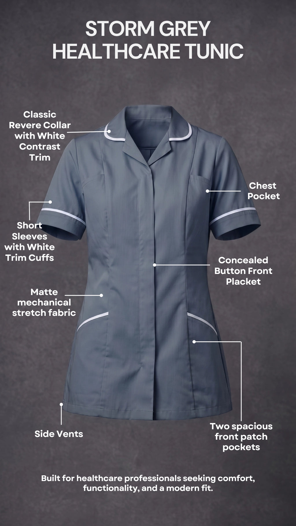 Women's Storm Grey Healthcare Tunic with White Trim – Professional Medical Uniform Top