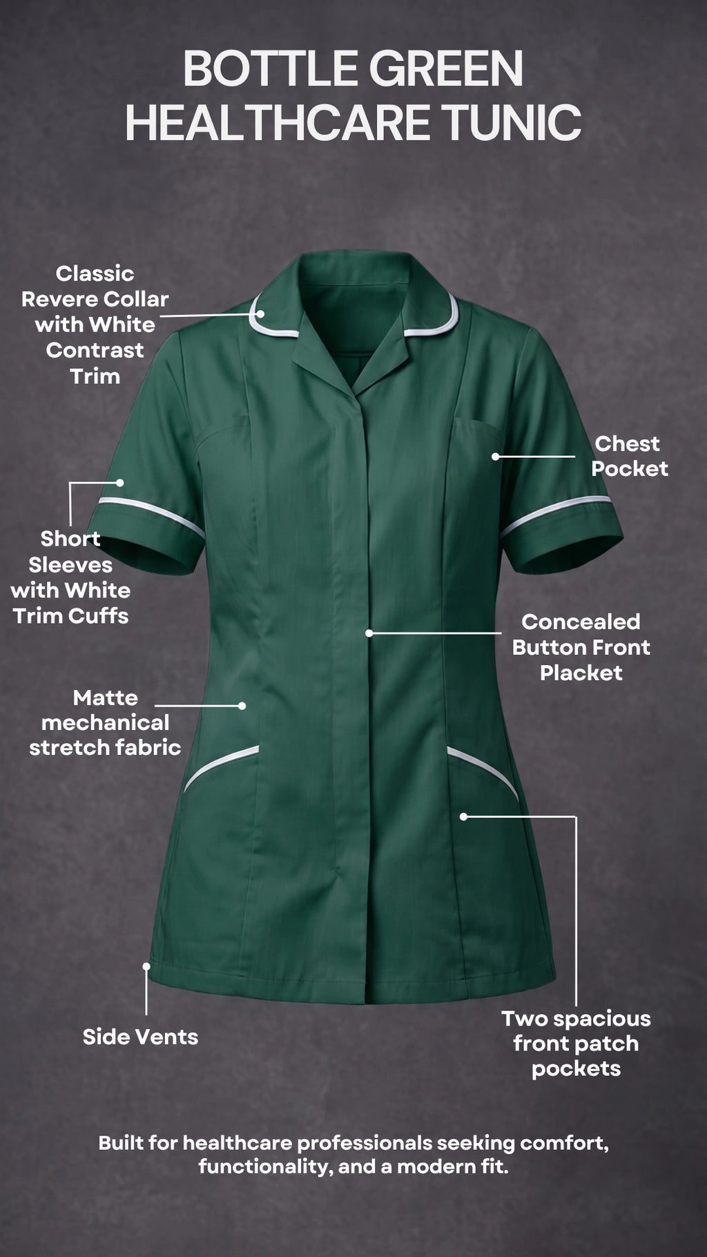 Women's Bottle Green Healthcare Tunic with White Trim – Professional Medical Uniform Top