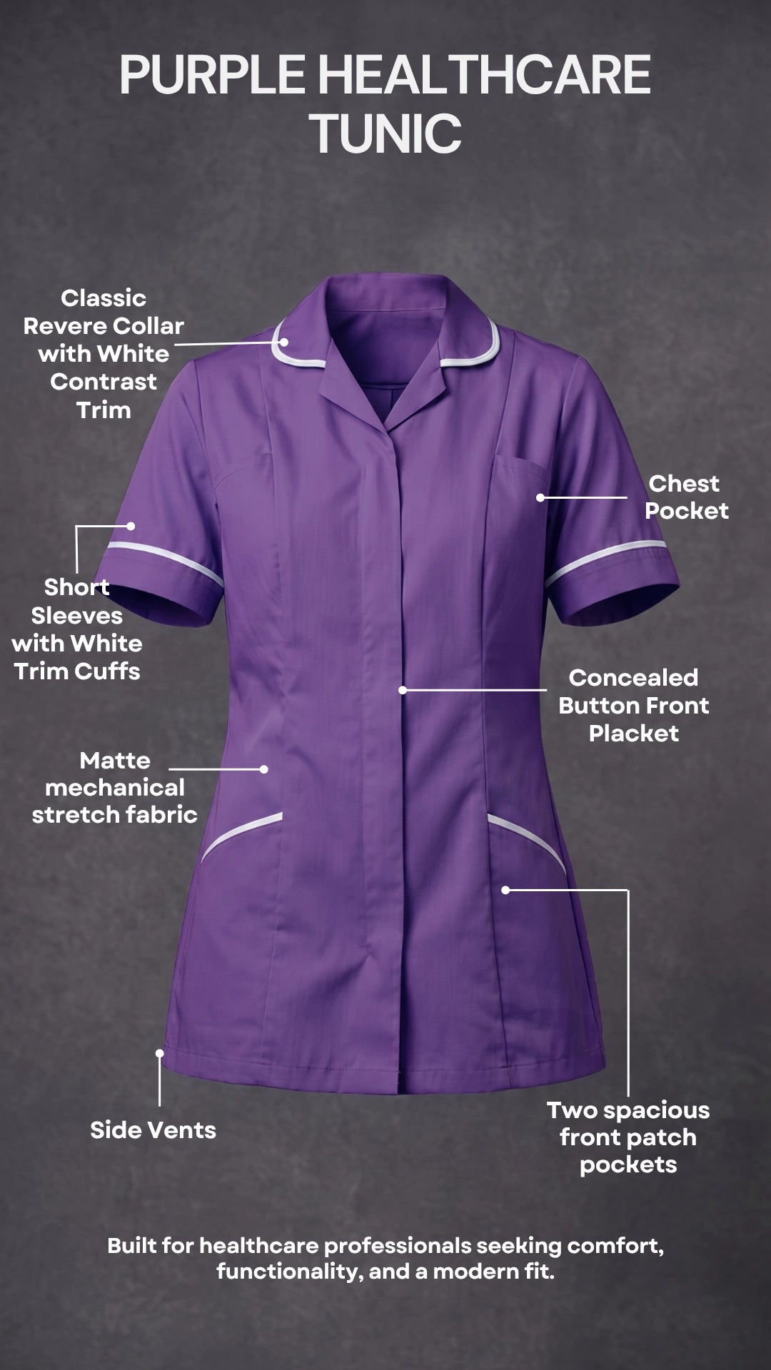 Women's Purple Healthcare Tunic with White Trim – Professional Medical Uniform Top