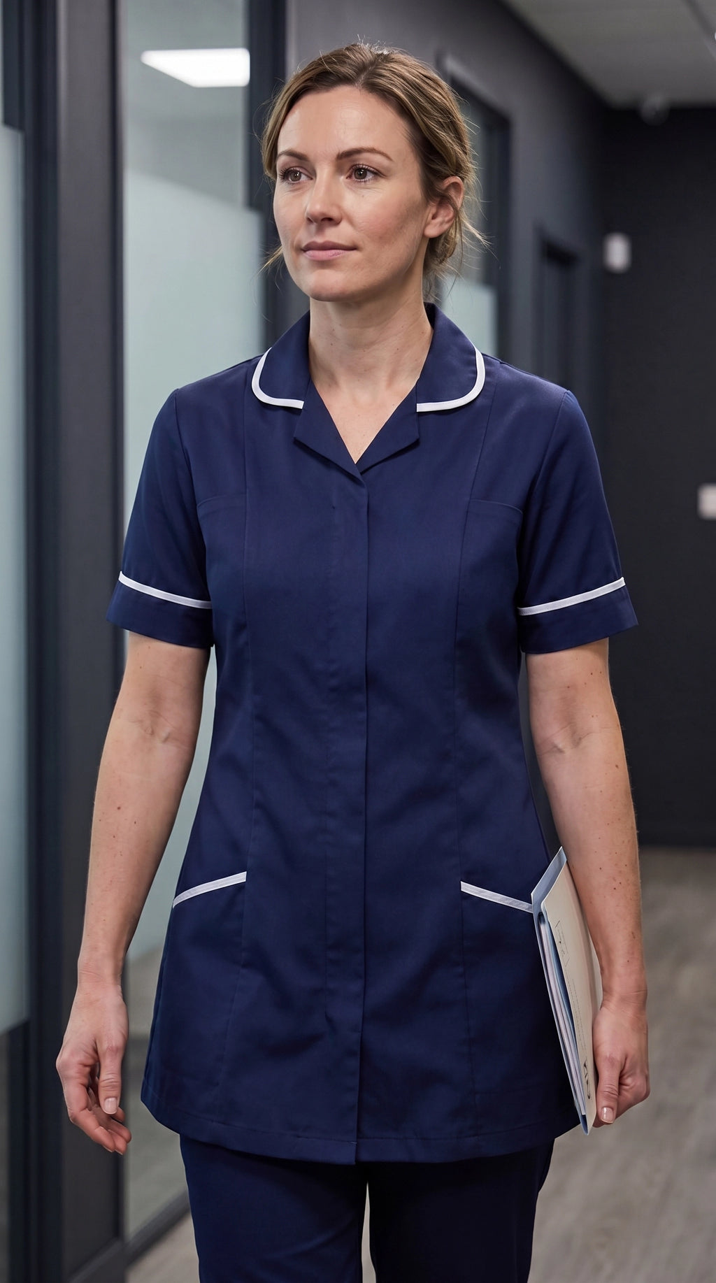 Women's Navy Blue Healthcare Tunic with White Trim – Professional Medical Uniform Top