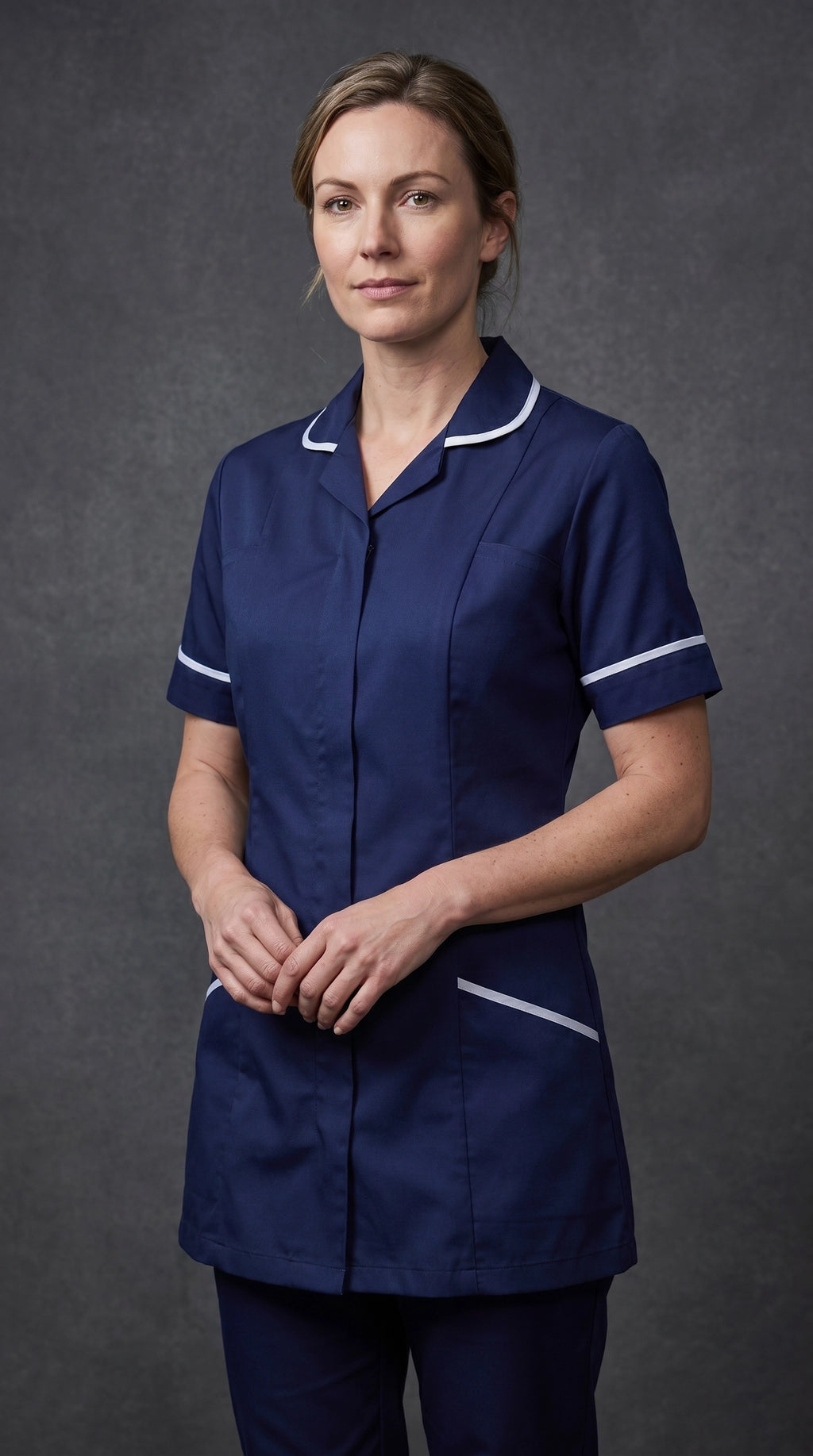 Women's Navy Blue Healthcare Tunic with White Trim – Professional Medical Uniform Top