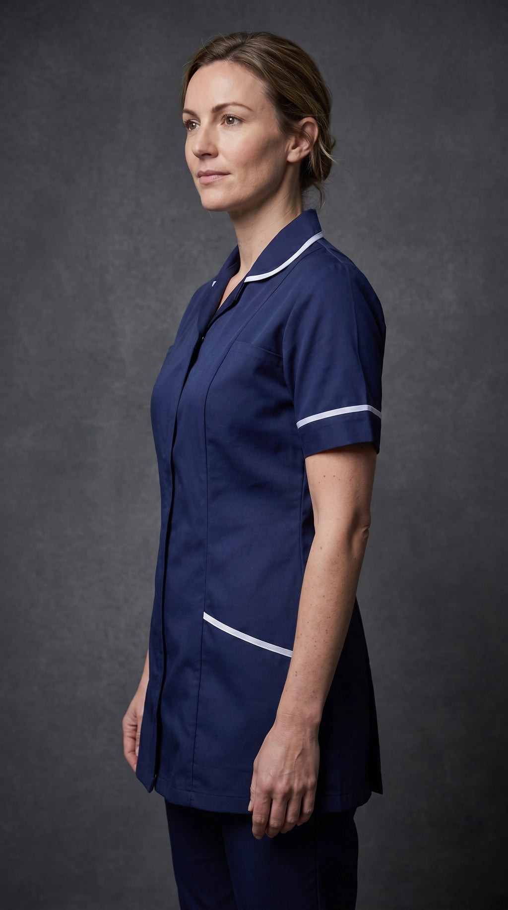 Women's Navy Blue Healthcare Tunic with White Trim – Professional Medical Uniform Top