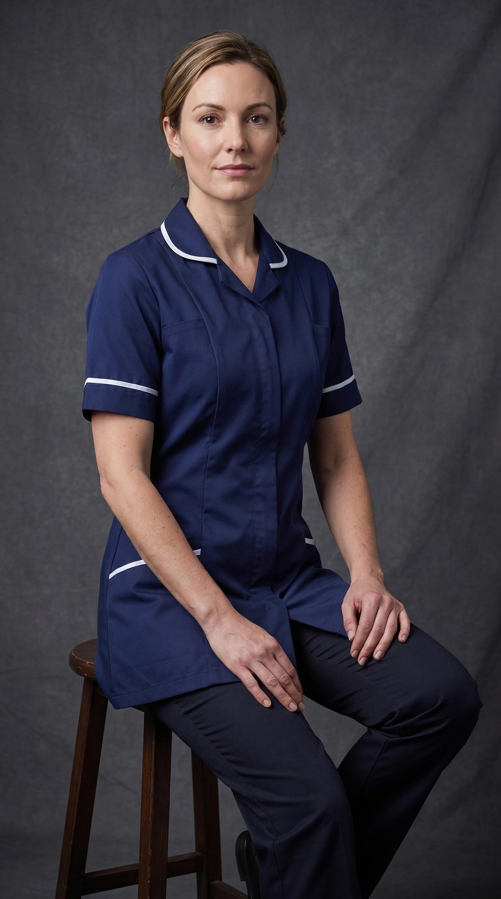Women's Navy Blue Healthcare Tunic with White Trim – Professional Medical Uniform Top