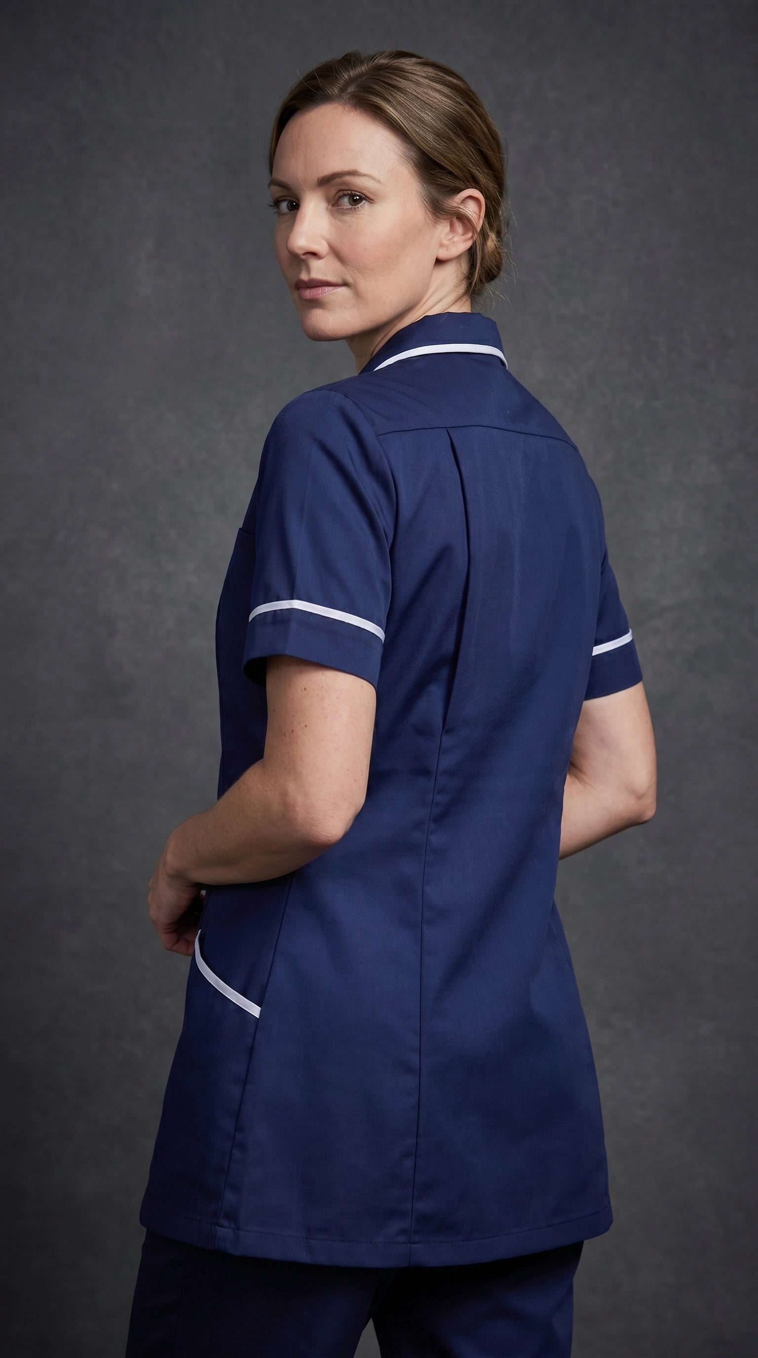Women's Navy Blue Healthcare Tunic with White Trim – Professional Medical Uniform Top