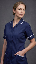 Women's Navy Blue Healthcare Tunic with White Trim – Professional Medical Uniform Top