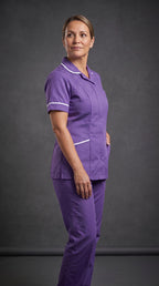 Women's Purple Healthcare Tunic with White Trim – Professional Medical Uniform Top