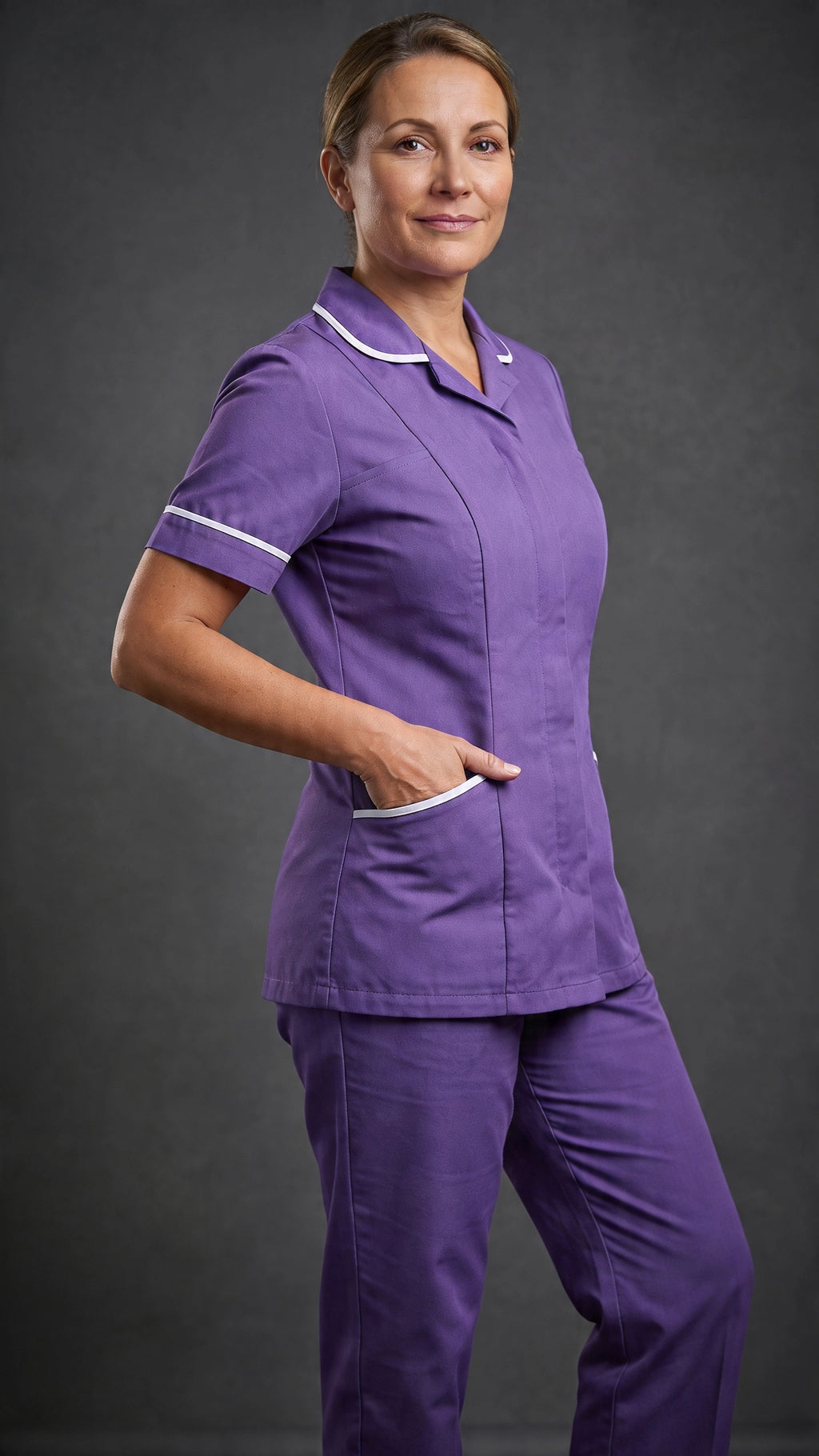 Women's Purple Healthcare Tunic with White Trim – Professional Medical Uniform Top
