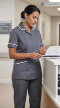Women's Storm Grey Healthcare Tunic with White Trim – Professional Medical Uniform Top