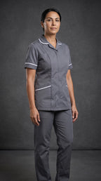 Women's Storm Grey Healthcare Tunic with White Trim – Professional Medical Uniform Top