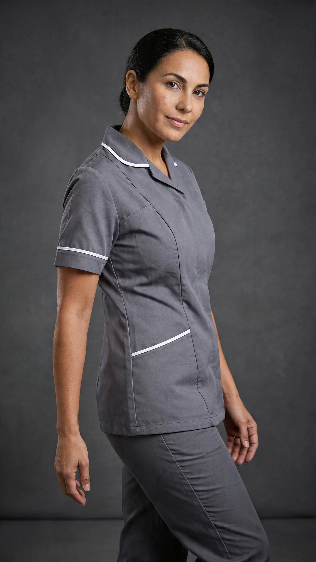 Women's Storm Grey Healthcare Tunic with White Trim – Professional Medical Uniform Top