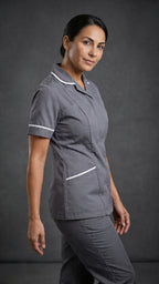 Women's Storm Grey Healthcare Tunic with White Trim – Professional Medical Uniform Top