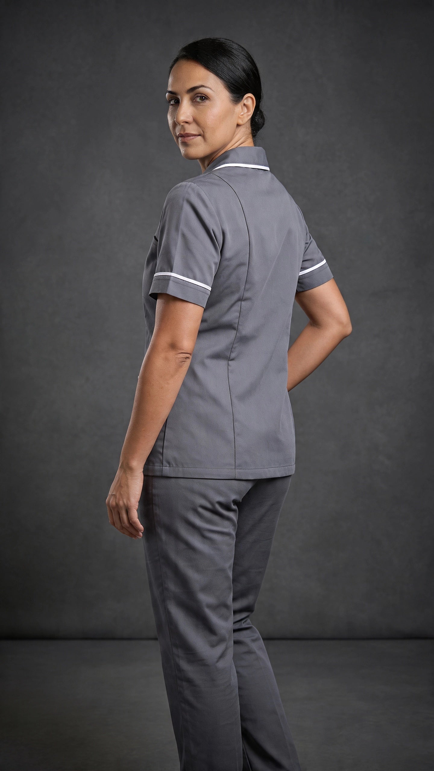 Women's Storm Grey Healthcare Tunic with White Trim – Professional Medical Uniform Top